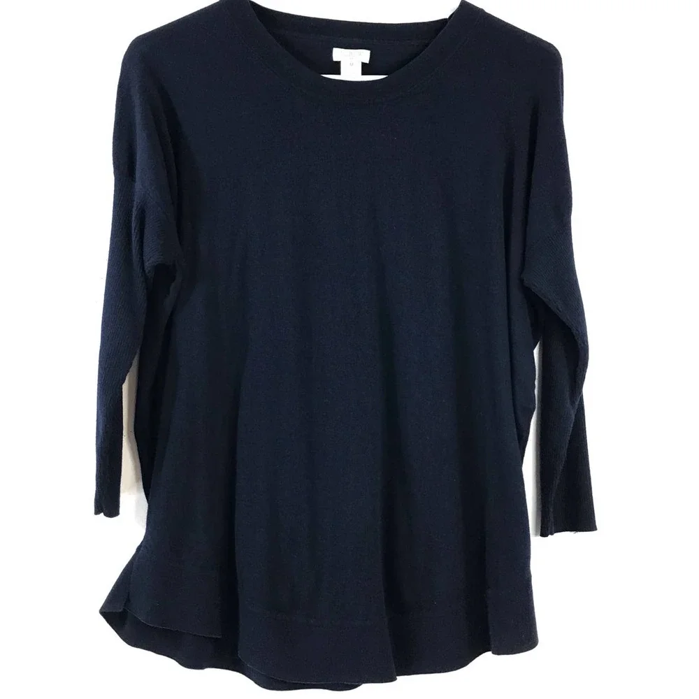 J. Crew Women's Sweater 100% Cotton Ribbed 3/4 Sleeve Navy Blue Size Medium